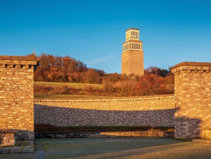 Beech forest concentration camp memorial, view from a mass grave to the bell tower, Weimar,