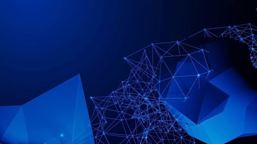 This composition features an intricate design of blue geometric shapes connected by glowing lines,