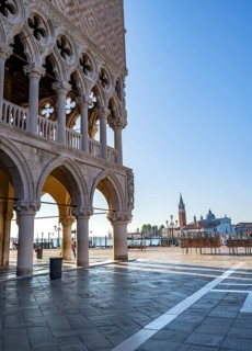 Doge's Palace in the Piazetta San Marco, behind the church of San Giorgio Maggiore, in the morning