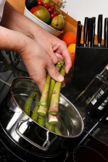 South German cuisine, vegetables, vegetarian, preparation of green asparagus with rhubarb