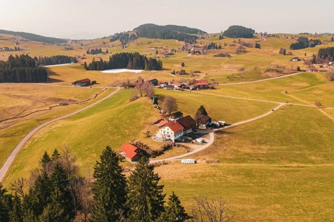 A quiet alpine landscape with scattered houses on rolling hills and clear views, Oberreute, Allgäu,