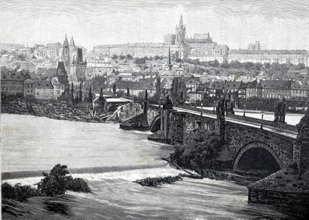 Charles Bridge in Prague after its collapse on September 4, 1890, Czech Republic, illustration,