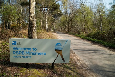 Welcome sign on the entrance road to RSPB Minsmere nature reserve, Suffolk, England, United Kingdom