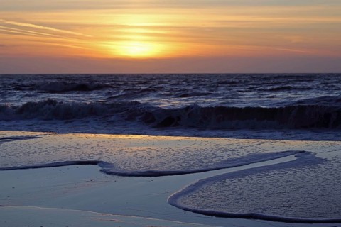 Sunset on the beach, waves, water, sea, sandy beach, surf, sunset, priel, Wadden Sea, Nationaal
