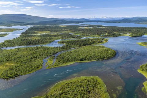 Road along lakes and green forest, road Kiruna to Nikkaluokta, aerial view, Sweden