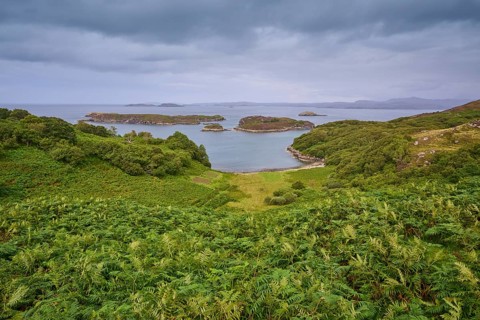 Wavy coast and islands under a grey cloudy sky and green surroundings, Drumberg Viewpoint, Drumbeg,