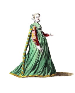 Historical clothing, fashion over time, typical clothing of a young woman from France around 1581,
