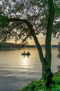 Lake Baldeney, autumn, rowing boats with anglers, Essen, North Rhine-Westphalia, Germany