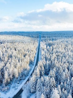 A long, straight road stretches through a snow-covered forest, aerial view, Bad Wildbad, district