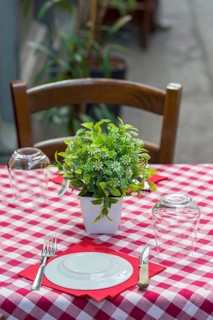 Plain dining table, table, chair, tablecloth, chequered, food, empty, nobody, pub, crisis,