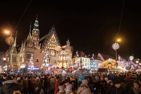 WROCLAW, POLAND - DECEMBER 09, 2018: Christmas fair in the market square of Wroclaw a part on front