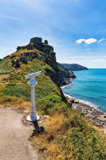 Telescope on the South West Coast Path, coastal path, Valley of the Rocks, rocky coast in Exmoor