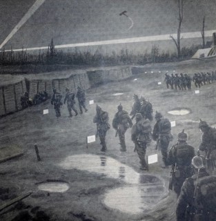 World War 1, nocturnal relief of the front line in the west, the white boards on the ground serve