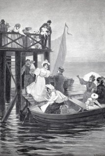 Excursion of holidaymakers out of town with a rowing boat on a lake, 1891, authentic, digitally