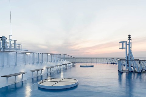 Sunset on the upper deck of the TT-Line Nils Holgersson crossing the Baltic Sea from Rostock in