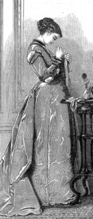 Woman at sewing work, in a long dress after the fashion around 1869 in France, Historic, digitally