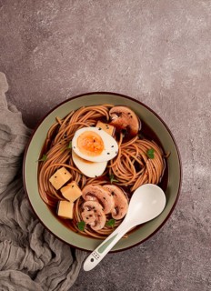 Asian soba soup, with mushrooms and egg, cheese, sesame seeds, homemade, no people
