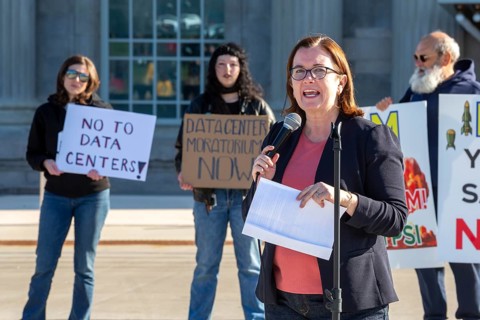 Detroit, Michigan - Michigan State Representative Natalie Price speaks at a rally against AI data