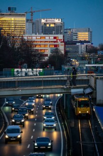 The skyline of Essen city centre, A40 motorway, Ruhr expressway, tram, underground, Ruhrbahn urban