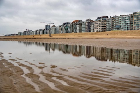 The skyline of Knokke-Heist, on the North Sea beach, dreary winter day, mostly apartment buildings