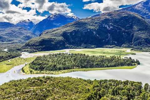 Islands in the river Rio Baker, mountain range, north of Puerto Yungnay, aerial view, Patagonia,