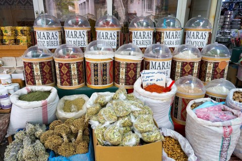 A market stand with a variety of spices in traditional containers, Markt, Karahayit, Karahiyit,