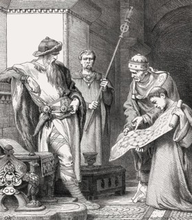 Odo of Metz showing a plan of the Palace of Aachen to Charlemagne, 780s