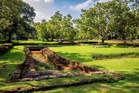 Historic ruins in a green landscape with trees under a clear, sunny sky, The Lion Gate at Lion's