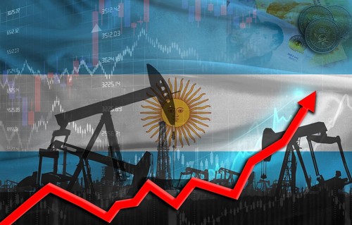 Oil production with Argentina flag, petrol industry. Oil pumps with Argentina flag