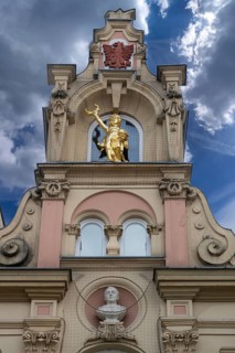 Residential building with gilded figure in baroque-style gable, 1887, Bad Kissingen, Lower