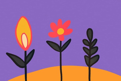 This abstract illustration features three stylized flowers with bold outlines against a purple