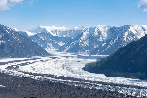 View of impressive mountain landscape with the Matanuska Glacier tongue, Lion's Head, Chugach