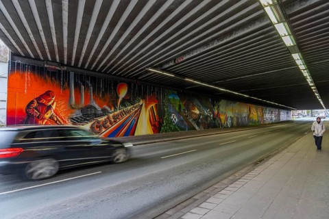 Huge street art pictures in a road tunnel in Gelsenkirchen, the approximately 120 meter long