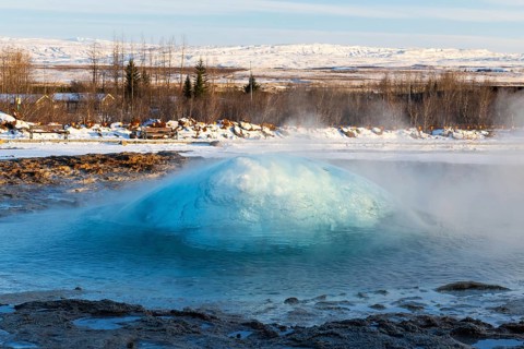 Strokkur, Gysir erupting, snow, winter, Haukadalur Valley, Golden Circle, Iceland, Scandinavia