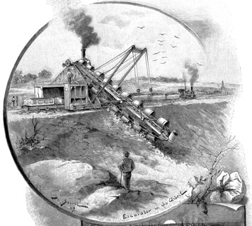 Excavator, steam excavator, use of a steam-powered bucket chain excavator during earthworks, 1890,