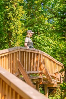 A person stands on a wooden terrace surrounded by green nature and trees, Panorama Holzsteg, Calw,