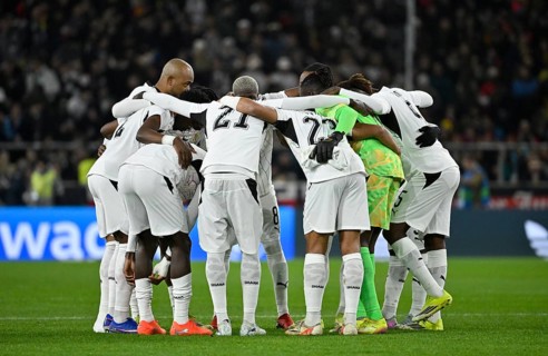 Team building, circle of the team in front of the start of the game National team Ghana soccer DFB