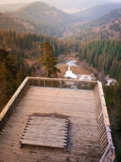 Wooden platform with a view of the wooded mountain landscape, Ellbachseeblick viewing platform,