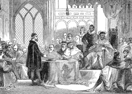 Andrew Melville, 1545-1622, schottischer Gelehrter, Theologe und Religionsreformer, klagt Bischöfe