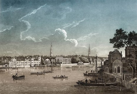 View of the Savoy, Somerset House and the water entrance to Cuper's Garden, Westminster, London,