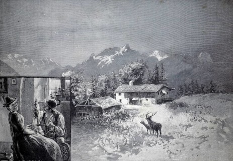 A winter idyll in the high mountains, farm, in front of it a deer, as well as a picture from the