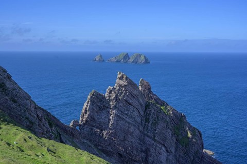 View of blue sea and cliffs from Portacloy Loop Cliff Walk, Muingnabo, County Mayo, Ireland