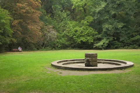 Selzerbrunnen built in 1939 on the edge of the forest, Nied, Frankfurt am Main, Hesse, Germany