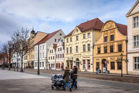 Renovated houses on the old market in the old town, Cottbus, Brandenburg, Germany