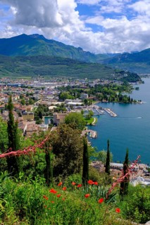 View of the old town centre from the Bastione panoramic viewpoint, Bastione ruins, Riva del Garda,