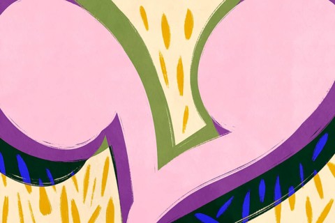 Vibrant digital illustration of a stylized papaya in purple and green hues with yellow seed