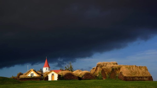 Iceland, Glaumbaer church and village view, Glaumbaer, Iceland