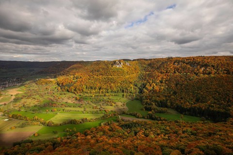 Indian summer on the Swabian Jura in the Nenninger Valley with the ruins of Reussenstein Castle