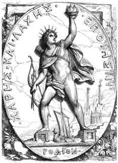 The Colossus of Rhodes, a statue of the Greek titan-god of the sun Helios, Rhodes, Greece