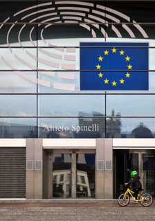 Entrance to the Altiero Spinelli building with the logo of the European Parliament, Brussels,
